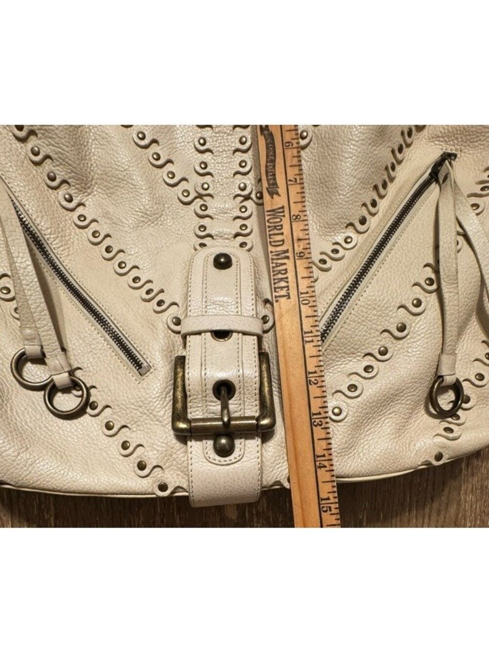 Vtg Besso Cream Italy Studded Leather Shoulder hobo Bag Y2K Western Boho Buckle - Picture 7 of 16